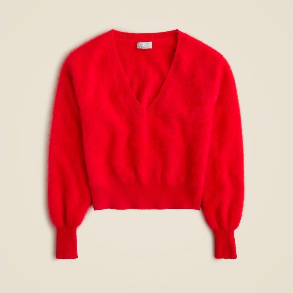 J. Crew Vibrant Red V-Neck Cashmere Balloon Sleeve Sweater